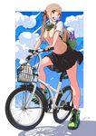  animal backpack bag bangs bicycle black_skirt blonde_hair blouse blunt_bangs bow brown_bow cat clothed_animal commentary_request eyebrows_visible_through_hair food ground_vehicle hair_bow in_basket looking_at_viewer mouth_hold nanahime open_mouth original platinum_blonde_hair popsicle school_uniform shoes short_sleeves skirt sneakers solo sweater_vest teeth twintails white_blouse 
