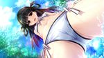  bikini black_hair cameltoe choker crotch day from_below game_cg haruru_minamo_ni! highres light_rays long_hair looking_at_viewer navel official_art open_mouth outdoors red_eyes shintarou solo swimsuit water yamagami_miori 