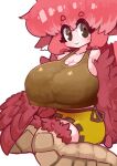  1girl absurdres ahoge animal_ears bare_shoulders bird_ears bird_legs blush breasts brown_tank_top cleavage coco_(eogks) commentary feathers harpy highres huge_breasts long_hair looking_at_viewer monster_girl nn_(eogks) original red_feathers red_hair red_wings simple_background sitting skirt smile solo tank_top wariza white_background winged_arms wings yellow_skirt 
