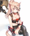  animal_ears arm_support black_gloves black_legwear black_skirt bow breasts cat_ears cat_tail choker cleavage collarbone crop_top crossed_legs earrings facial_mark final_fantasy final_fantasy_xiv gloves grin hair_bow highres jewelry large_breasts lips long_hair miniskirt miqo'te momoko_(momopoco) off_shoulder ponytail shiny shiny_skin sitting skirt slit_pupils smile solo tail thighhighs thighs warrior_(final_fantasy) 