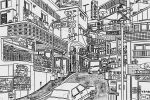  absurdly_detailed_composition absurdres building car commentary_request complex_exterior greyscale highres lamppost lineart monochrome motor_vehicle original outdoors pen_(medium) people road road_sign scenery sign street traditional_media translation_request urban yamaguti 