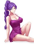  arm_support armpit_peek bangs bare_arms bare_legs bare_shoulders blue_eyes braid breasts cleavage collarbone dress elf from_side highres knee_up large_breasts long_hair looking_at_viewer looking_to_the_side nofuture original parted_bangs parted_lips pointy_ears ponytail purple_dress purple_hair short_dress single_braid sitting smile solo tsurime 