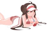 ahoge ass bikini blue_eyes breasts brown_hair chin_rest cleavage double_bun highres long_hair looking_at_viewer lying medium_breasts mei_(pokemon) on_stomach poke_ball pokemon pokemon_(game) pokemon_bw2 pout red_bikini soft_focus solo swimsuit towel twintails very_long_hair visor_cap xiangxian_(sangheon23) 
