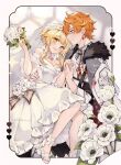  1boy 1girl alternate_costume bare_shoulders blonde_hair blue_eyes blush border bouquet breasts cleavage closed_mouth coat coat_on_shoulders couple detached_collar deviantart_username dress dress_flower earrings english_commentary flower fur-trimmed_coat fur_trim gem genshin_impact hair_between_eyes hair_flower hair_ornament hand_on_another&#039;s_waist hands_up hetero high_heels highres holding holding_bouquet holding_hands husband_and_wife jewelry looking_at_another looking_at_viewer lumine_(genshin_impact) nail_polish off-shoulder_dress off_shoulder open-toe_shoes open_mouth orange_hair outside_border quiss red_gemstone ring shirt shoes short_hair short_hair_with_long_locks short_sleeves sleeves_rolled_up smile sparkle tartaglia_(genshin_impact) teeth toes upper_teeth_only veil wedding_dress wedding_ring white_coat white_dress white_flower white_nails white_shirt white_shoes white_veil yellow_eyes 