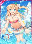  :d ahoge akkijin alchemist_(shinkai_no_valkyrie) arm_garter armlet ball bangle beach beach_umbrella beachball bikini blonde_hair blue_eyes blue_sky blush bow_bikini bracelet breasts card_(medium) cleavage cloud collarbone day dutch_angle eyebrows_visible_through_hair floral_print flower frilled_bikini_top frills hair_flower hair_ornament hairclip halterneck hibiscus_print innertube jewelry knees_together_feet_apart leaning_forward long_hair looking_at_viewer medium_breasts navel necklace ocean official_art one_side_up open_mouth outdoors outstretched_arms pink_bikini print_bikini ribbon sand shinkai_no_valkyrie sky smile solo sparkle splashing standing striped striped_bikini sunflower sunflower_hair_ornament swimsuit transparent umbrella wading water white_ribbon 