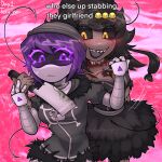  blade_to_throat blood blood_splatter breasts cleaver glitch_productions highres holding holding_weapon injury medium_breasts murder_drones prepare4surgery stab weapon yuri 