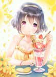  black_hair blush breasts cleavage collarbone food glass highres holding holding_spoon ice_cream large_breasts looking_at_viewer original parfait pink_eyes short_hair sibyl smile solo spoon sundae tongue tongue_out wafer_stick 
