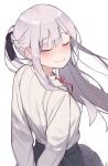  1girl ak-12_(girls_frontline) bangs black_ribbon braid closed_mouth eyebrows_visible_through_hair eyes_closed french_braid from_behind garin girls_frontline long_hair long_sleeves looking_at_viewer looking_back ribbon sidelocks silver_hair simple_background skirt smile solo white_background 
