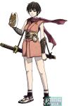  1girl arm_at_side arm_guards bandaged_arm bandages bare_legs black_eyes black_hair breasts closed_mouth concept_art fox_mask fromsoftware full_body hair_between_eyes hand_up holding holding_mask japanese_clothes katana kimono legs_apart logo looking_at_viewer mask medium_breasts ninja obi official_art purple_scarf red_kimono rin_(tenchuu) robe sash scabbard scarf sheath short_hair simple_background sleeveless smile solo standing sword tenchuu thighs tomboy v-shaped_eyebrows waraji weapon weapon_on_back white_background yellow_robe 