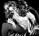  1boy black_background black_cape black_fur black_hair blue_eyes cape crown diamond_hairband fate/grand_order fate_(series) fur-trimmed_cape fur_trim hair_between_eyes highres long_sleeves looking_at_viewer male_focus medium_hair monochrome oberon_(fate) oberon_(third_ascension)_(fate) pyuli_paint shirt simple_background solo white_shirt 