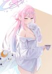  1girl absurdres blue_archive breasts cleavage commentary_request cow crescent cup daran9 from_side gradient_hair hair_bun halo highres holding holding_cup large_breasts long_hair long_sidelocks long_sleeves looking_to_the_side low_wings mika_(blue_archive) multicolored_hair naked_shirt parted_bangs pink_hair pink_halo shirt sidelocks single_bare_shoulder single_off_shoulder sleeves_past_fingers sleeves_past_wrists solo standing tea teacup turning_head two-tone_background white_wings wing_ornament wings yellow_eyes 
