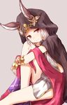  animal_ears baram ears_through_headwear granblue_fantasy hood legs long_hair looking_at_viewer pink_background red_eyes scathacha_(granblue_fantasy) silver_hair simple_background sitting smile solo 
