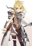  absurdres armor armored_dress bad_id bad_pixiv_id blonde_hair breastplate eyebrows_visible_through_hair fate/apocrypha fate_(series) feng_ze gloves green_eyes highres holding holding_sword holding_weapon looking_at_viewer midriff mordred_(fate) mordred_(fate)_(all) navel no_bra parted_lips pelvic_curtain ponytail ribs shoulder_armor simple_background solo sword teeth thighhighs weapon white_background 
