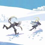  2boys animal_ears arm_out_of_sleeve black_coat black_pants black_shoes blonde_hair blue_necktie blue_sky buon_zzz coat colored_tips commentary_request footprints from_side full_body furry furry_male highres hugo_vlad long_hair male_focus motion_blur multicolored_hair multiple_boys necktie outdoors pants purple_shirt shadow shirt shoes signature sky snow snow_on_face snowball snowball_fight snowman tail tail_belt von_lycaon white_fur white_hair wolf_boy wolf_ears wolf_tail zenless_zone_zero 