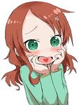  absurdres blush bohegao brown_hair child flower forehead green_eyes hair_flower hair_ornament hairpin hands_on_own_cheeks hands_on_own_face heart heart_in_mouth highres kobayashi-san_chi_no_maidragon long_hair open_mouth saikawa_riko upper_body white_background yamamoto_souichirou 