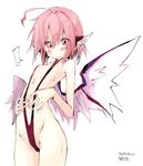  1girl ahoge animal_ears arched_back bare_arms bird_wings blush breasts cowboy_shot kuroneko_no_toorimichi looking_at_viewer mystia_lorelei pink_hair red_eyes simple_background sketch slingshot_swimsuit small_breasts solo spoken_ellipsis standing sweat swimsuit touhou white_background wings 