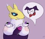  anthro big_breasts black_sclera blue_eyes breasts canine clothing digimon digital_media_(artwork) female fur imp impmon male male/female mammal mostly_nude neckerchief nipples not_safe_for_reality nude penis renamon sex simple_background smile titfuck tongue tuft white_fur yellow_fur 