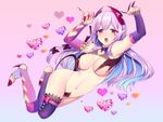  absurdres bad_id bad_pixiv_id blue_hair blush breasts collarbone demon_girl dutch_angle fingernails full_body gradient gradient_background heart highres horns large_breasts lavender_hair long_hair may_(2747513627) midriff multicolored_hair navel open_mouth original pink_eyes pointy_ears revealing_clothes stomach succubus two-tone_hair 