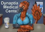 anthro beverage big_breasts blue_clothing breasts brown_eyes claws cleavage clothed clothing container crossed_arms cup cute_fangs deinonychus desk digital_drawing_(artwork) digital_media_(artwork) dinosaur dromaeosaurid english_description english_text eyebrows eyelashes fangs feathered_arms feathered_dinosaur feathered_scalie feathers female furniture hi_res hospital nurse nurse_clothing orange_body poster_(object) prehistoric_species red_claws reptile saurischian scaled_hands scales scalie science_fiction shirt_collar sign signature smile snout solo story story_in_description table tail tail_feathers tail_feathers_tuft tamhigan_(artist) tea teeth text theropod wood