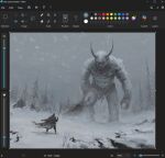  1other art_program_in_frame bare_tree christian_young cloak cloud cloudy_sky creature forest from_behind full_body giant grey_sky holding holding_staff hood hood_up hooded_cloak horns loincloth looking_at_another microsoft_paint_(medium) microsoft_paint_(software) nature original outdoors scenery screenshot size_difference sky snow snowing staff tree yeti_(creature) 