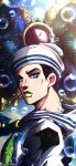  3boys absurdres anchor_symbol birthmark black_hair blue_eyes bobbles compass_rose dixie_cup_hat english_commentary green_lips hat higashikata_josuke_(jojolion) highres joestar_birthmark jojo_no_kimyou_na_bouken jojolion killer_queen kira_yoshikage_(jojolion) kujo_josefumi long_bangs looking_at_viewer male_focus military_hat multicolored_eyes multiple_boys noonvincent parted_lips peace_symbol pompadour purple_eyes sailor sailor_collar sailor_hat shirt short_hair soft_&amp;_wet solo_focus stand_(jojo) teeth two-tone_eyes white_hat white_sailor_collar white_shirt 