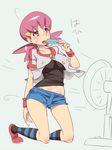  akane_(pokemon) breasts food gym_leader hair_ornament large_breasts midriff navel open_mouth pink_eyes pink_hair pokemon pokemon_(game) pokemon_hgss popsicle short_sleeves shorts solo sweat twintails zaitsu 