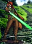  amaran asarkadraws belt canine digitigrade fan_character female footwraps fox fur green_eyes hair invalid_background leather_gloves lightsaber mammal melee_weapon orange_fur pouches red_hair robes shoulder_cape star_wars weapon 