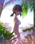  :d bad_perspective bangs bare_arms bare_legs bare_shoulders beach bikini blurry blush breasts brown_hair commentary_request dappled_sunlight day depth_of_field eyebrows_visible_through_hair floral_print foreshortening frilled_bikini_top frills from_behind fubuki_(kantai_collection) green_eyes hair_tie highres kantai_collection layered_bikini long_hair looking_at_viewer looking_back low_ponytail moss open_mouth outdoors outstretched_hand overexposure palm_tree plant sand shore side-tie_bikini sideboob small_breasts smile solo standing summer sunlight swimsuit tareme tree under_tree water white_bikini yamashiro_kogane 