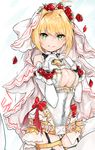  ahoge bad_id bad_pixiv_id bangs bare_shoulders belt belt_buckle blonde_hair blue_background bow breasts bridal_veil buckle chain chain_necklace cleavage closed_mouth commentary cowboy_shot eyebrows_visible_through_hair fate/extra fate/extra_ccc fate/grand_order fate_(series) flower flower_wreath foyoy_p from_side garter_straps gloves gradient gradient_background green_eyes hair_between_eyes hair_flower hair_intakes hair_ornament hands_up head_wreath heart heart_hands highres joint_recital leotard light_smile lock looking_at_viewer loose_belt medium_breasts nero_claudius_(bride)_(fate) nero_claudius_(fate)_(all) padlock petals red_bow red_flower red_rose rose showgirl_skirt sidelocks signature skirt smile solo standing thighhighs tied_hair turtleneck underbust veil white_background white_gloves white_leotard white_skirt wrist_cuffs zipper 