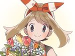  blue_eyes blush bouquet brown_hair closed_mouth commentary_request flower flower-shaped_pupils hair_ribbon haruka_(pokemon) looking_at_viewer numbers_(boars) pokemon pokemon_(game) pokemon_oras portrait red_ribbon ribbon simple_background sleeveless smile solo symbol-shaped_pupils white_background 