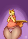  anthro blonde_hair blush canine clothing datpisces dog eating food girly hair hybrid male mammal pizza red_eyes shirt slightly_chubby talia_(trinity-fate62) thick_thighs wide_hips wolf 