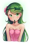 alternate_hairstyle bare_shoulders blush breasts cleavage collarbone dark_skin flower green_eyes green_hair hair_down hair_flower hair_ornament highres long_hair looking_at_viewer mao_(pokemon) medium_breasts mouth_hold pokemon pokemon_(game) pokemon_sm simple_background snowcanvas solo strapless trial_captain upper_body v_arms white_background 