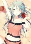  :o arm_up armpits bangs bare_shoulders bed_sheet blue_eyes blue_hair blush breasts camisole cleavage collarbone cowboy_shot food frilled_panties frills from_above fruit hatsune_miku holding holding_food holding_fruit long_hair looking_at_viewer looking_up lpip navel open_mouth panties pink_panties romeo_to_cinderella_(vocaloid) sleeveless small_breasts solo stomach strap_slip tsurime underwear underwear_only very_long_hair vocaloid 