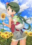  absurdres akamizuki_(akmzk) blush cowboy_shot day field flower gen_7_pokemon green_eyes green_hair hair_flower hair_ornament highres holding holding_flower long_hair looking_at_viewer looking_back mao_(pokemon) outdoors overalls pokemon pokemon_(creature) pokemon_(game) pokemon_sm sky smile solo steenee sunflower trial_captain twintails 