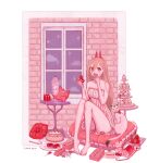  1girl animal bare_shoulders barefoot blonde_hair cake cat chainsaw_man cross-shaped_pupils cupcake demon_girl demon_horns dessert donut dress food food_on_face full_body ginka_jack highres holding holding_food horns long_hair meowy_(chainsaw_man) pink_theme power_(chainsaw_man) red_horns sharp_teeth signature sitting_on_pillow sleeveless solo symbol-shaped_pupils teapot teeth white_background white_dress window yellow_eyes 
