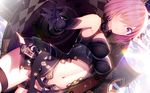  armor armpit_peek ass_visible_through_thighs atha_(leejuiping) bare_shoulders black_gloves black_leotard breasts center_opening cloud cloudy_sky commentary_request cowboy_shot day dutch_angle elbow_gloves embellished_costume fate/grand_order fate_(series) foreshortening glint gloves hair_over_one_eye highres lavender_hair leotard light_smile looking_at_viewer mash_kyrielight medium_breasts navel outdoors outstretched_arm parted_lips purple_eyes shield short_hair sky solo standing stomach sunlight thigh_strap 