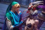  1girl bracelet breasts cia_(zelda_musou) cleavage cosplay feather jewelry link mask nail_polish nintendo photo scarf staff tattoo the_legend_of_zelda white_hair 