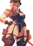  1girl absurdres ass_peek black_gloves blonde_hair breasts cleavage cleavage_cutout clothing_cutout commission fingerless_gloves garter_straps gloves grey_eyes groin hand_on_own_hip hat highres holding holding_weapon large_breasts leotard looking_at_viewer looking_down military_hat military_uniform muscular muscular_female original pixiv_commission short_hair spoiledmuffin thick_thighs thigh_strap thighhighs thighs toon_(style) weapon weapon_case white_background 