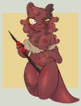 3_fingers abstract_background anthro areola artificer_(rain_world) blush blush_lines bodily_fluids breasts clothed clothing destroyed_clothing embarrassed eye_scar facial_scar female fingers furrowed_brow genital_fluids ghoulshoot grinding holding_object holding_weapon medium_breasts melee_weapon mostly_nude navel nipple_slip nipples notched_ear polearm pseudo_hair puffy_areola rain_world red_body red_skin round_ears scar skimpy slugcat solo spear sweat sweatdrop tail thick_tail thick_thighs vaginal_fluids videocult wardrobe_malfunction weapon yellow_eyes