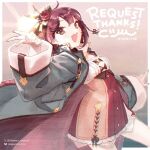  1girl :d atelier_(series) atelier_sophie_2 blue_coat border braid breasts brown_eyes coat commentary_request commission coogee cowboy_shot dated fang flower glowing hair_flower hair_ornament long_sleeves looking_at_viewer open_clothes open_coat open_mouth outside_border red_flower red_hair red_rose red_skirt rose short_hair skirt small_breasts smile solo sophie_neuenmuller standing white_border 
