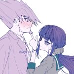  1boy 1girl black_hair blush collared_shirt danganronpa_(series) danganronpa_v3:_killing_harmony facial_hair frown goatee hair_ornament hair_scrunchie hand_on_another's_chin harukawa_maki highres index_finger_raised jacket long_hair long_sleeves momota_kaito pink_hair pink_jacket red_eyes red_scrunchie red_shirt satori_(aosky9077) scrunchie shirt simple_background spiked_hair sweat white_background white_shirt 