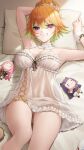  1girl absurdres babydoll breasts chemise commentary english_commentary frilled_babydoll gawr_gura green_hair green_highlights hair_bun highres hololive hololive_english holomyth lace-trimmed_nightgown large_breasts looking_at_viewer lying mori_calliope mori_calliope_(1st_costume) multicolored_hair ninomae_ina'nis ninomae_ina'nis_(1st_costume) official_alternate_costume official_alternate_hairstyle on_back on_bed orange_hair paid_reward_available pillow purple_eyes see-through_babydoll see-through_clothes smile solo somebody_(leiking00) takanashi_kiara takanashi_kiara_(cozy) two-tone_hair virtual_youtuber watson_amelia white_babydoll white_chemise 