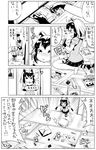  1girl animal_ears blush book bow bowtie chest_of_drawers comic commentary_request common_raccoon_(kemono_friends) delivery drawer fukushima_masayasu gloves greyscale hat highres kemono_friends magazine monochrome open_mouth raccoon_ears raccoon_tail searching short_hair short_sleeves tail tears translation_request 