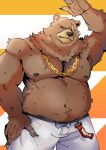  1boy animal_ears arm_up bara bare_pectorals bear_boy bear_ears belly ben_bigger biceps brown_fur chain chain_necklace claws closed_mouth english_commentary fat furry furry_male hampaslumpia hand_on_own_hip highres jewelry looking_at_viewer male_focus navel necklace nipples notched_ear pants pectorals plump scar scar_across_eye scar_on_face smile topless_male white_pants zenless_zone_zero 
