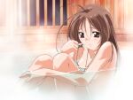  1girl ahoge antenna_hair bath bathing blush breasts brown_eyes brown_hair closed_mouth completely_nude convenient_arm convenient_censoring game_cg gan-chan_(artist) hair_between_eyes hitozuma_sentai_aisaiger holding hugging_own_legs indoors knees_up long_hair medium_breasts non-web_source nude official_art onsen ousaka_hikari partially_submerged red_eyes sitting solo steam variant_set water wet wet_hair whistle wooden_wall 