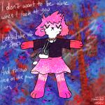  accessory anthro asphyxiation black_clothing black_shirt black_topwear blood blood_on_neck bodily_fluids bottomwear clothing eyes_closed female footwear fur hair hair_accessory hairpin lyrics mammal mouth_closed mustelid otter phoebe_(psykwol) pink_body pink_bottomwear pink_clothing pink_fur pink_hair pink_skirt power_lines psykwol scar scratches self-harm_scars shirt shoelaces shoes skirt solo stomach_book text topwear trans_(lore) trans_woman_(lore) vent_art white_body white_fur 