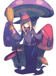  belt bottle broom commentary dress giant_mushroom hair_over_one_eye half-closed_eyes hat little_witch_academia long_dress long_hair mushroom pale_skin peroncho robe sucy_manbavaran white_background witch witch_hat 