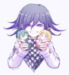  1boy ahoge akamatsu_kaede black_hair blonde_hair buttons character_doll checkered_clothes checkered_scarf clenched_teeth commentary cropped_torso danganronpa_(series) danganronpa_v3:_killing_harmony doll flipped_hair grin hair_between_eyes half-closed_eyes highres holding holding_doll inukai_(inuuowoukai) jacket long_sleeves looking_at_viewer male_focus medium_hair oma_kokichi pink_eyes purple_eyes purple_hair ringed_eyes saihara_shuichi scarf short_hair simple_background smile solo symbol-only_commentary teeth twitter_username two-tone_scarf yellow_eyes 