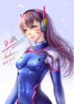  artist_name bangs blue_bodysuit blue_sky bodysuit breasts brown_eyes brown_hair character_name covered_navel d.va_(overwatch) dated day embers eyebrows_visible_through_hair eyelashes facepaint facial_mark hair_between_eyes headphones high_collar highres light_smile long_hair outdoors overwatch pilot_suit pink_lips ribbed_bodysuit shiny shiny_clothes shoulder_pads signature skin_tight sky small_breasts solo swept_bangs upper_body whisker_markings wind yuanchuang 