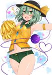  :d adapted_costume armlet armpits bare_shoulders black_hat blush breasts cheering commentary_request cowboy_shot eyeball green_eyes green_hair green_shorts hair_between_eyes hat hat_ribbon heart heart_of_string highres komeiji_koishi looking_at_viewer navel open_mouth pom_poms ribbon roki_(hirokix) shirt short_shorts shorts sleeveless sleeveless_shirt small_breasts smile solo stomach sweat third_eye touhou yellow_ribbon yellow_shirt 